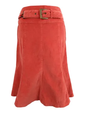 Vintage 2000s Y2K Bohemian Mod Chic Coral Orange Corduroy Velour Low Rise Fit & Flare Below-the-Knee Midi Skirt with Belt | 30.5 Inch Waist